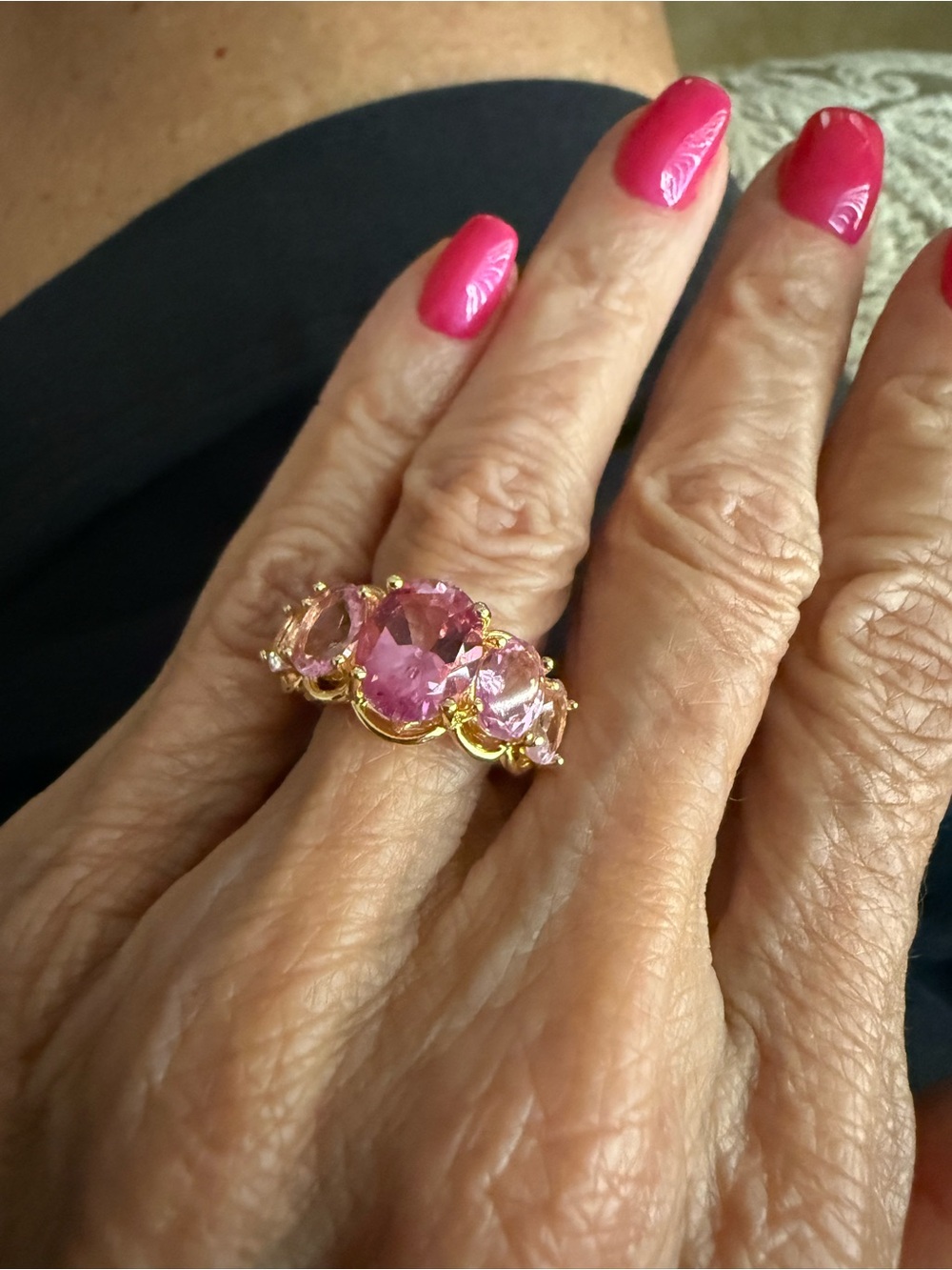 Lowest Price! 4.58KT Pink Topaz 5- Stone Ring in 18kt Gold over Sterling Silver - Picture 2 of 6
